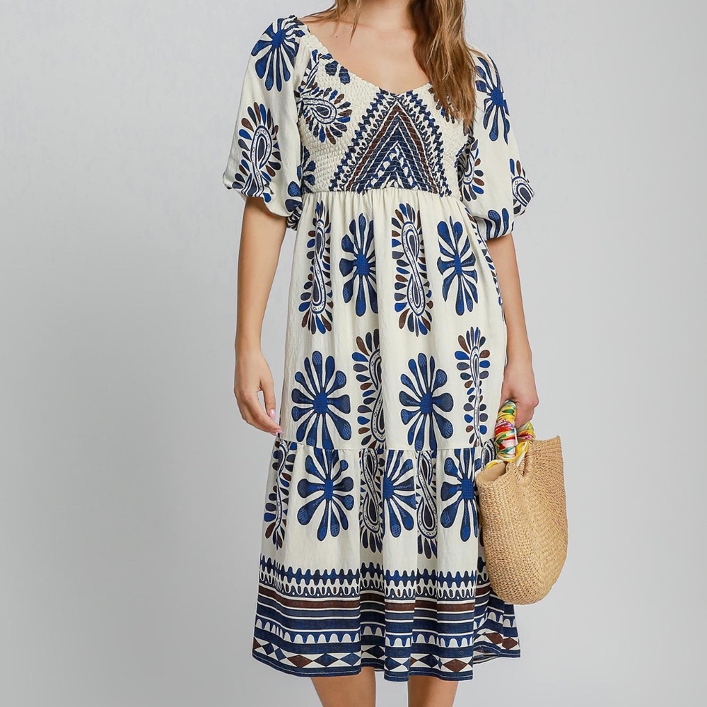 NWT Border Print Tiered Midi Dress with Smocking in Back